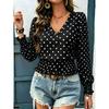 Loose V Neck Polka Dot Print Long Sleeve Casual Women T Shirt
