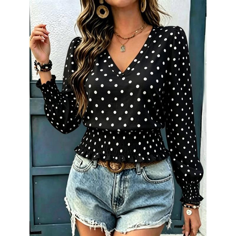 Loose V Neck Polka Dot Print Long Sleeve Casual Women T Shirt
