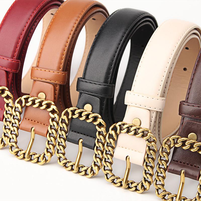 Minimalist Retro Chain Buckle Ladies Leather Belt With Alloy Clasp For Casual Wear