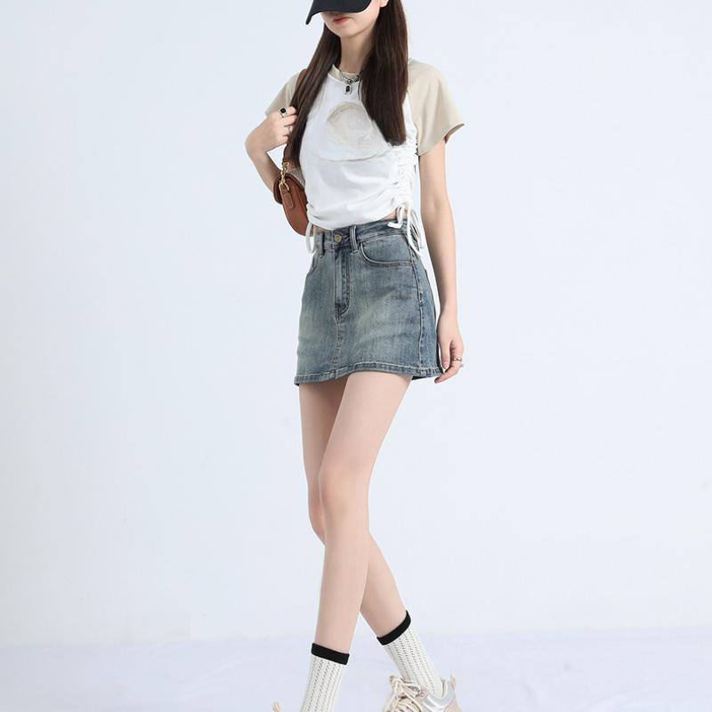 Fusta scurtă de denim retro Fusta scurtă de slăbire cu talie înaltă de vară pentru femei, Fusta înfășurată în șold cu linie A anti-orbire