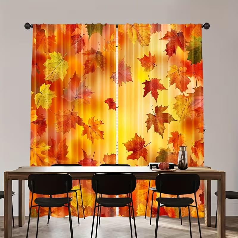 2 Pcs Maple leaves in autumn print curtains,suitable for bedroom,living room kitchen decoration,home decoration,window decor