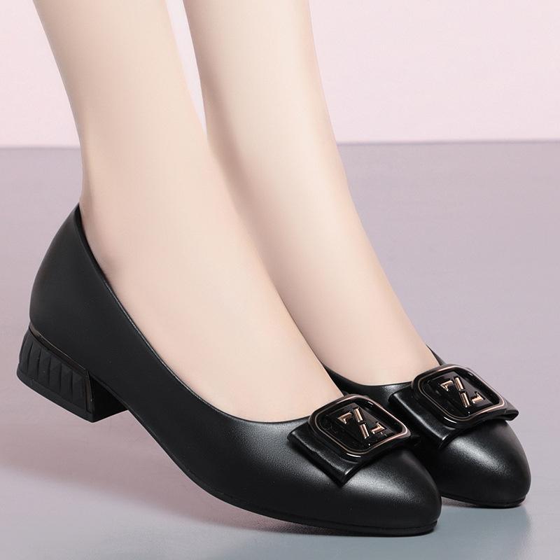 Women Shallow Mouth Comfort Solid Color Casual Shoes Spring Autumn New Square Heels Fashion Pointed Toe Soft Leather Shoes