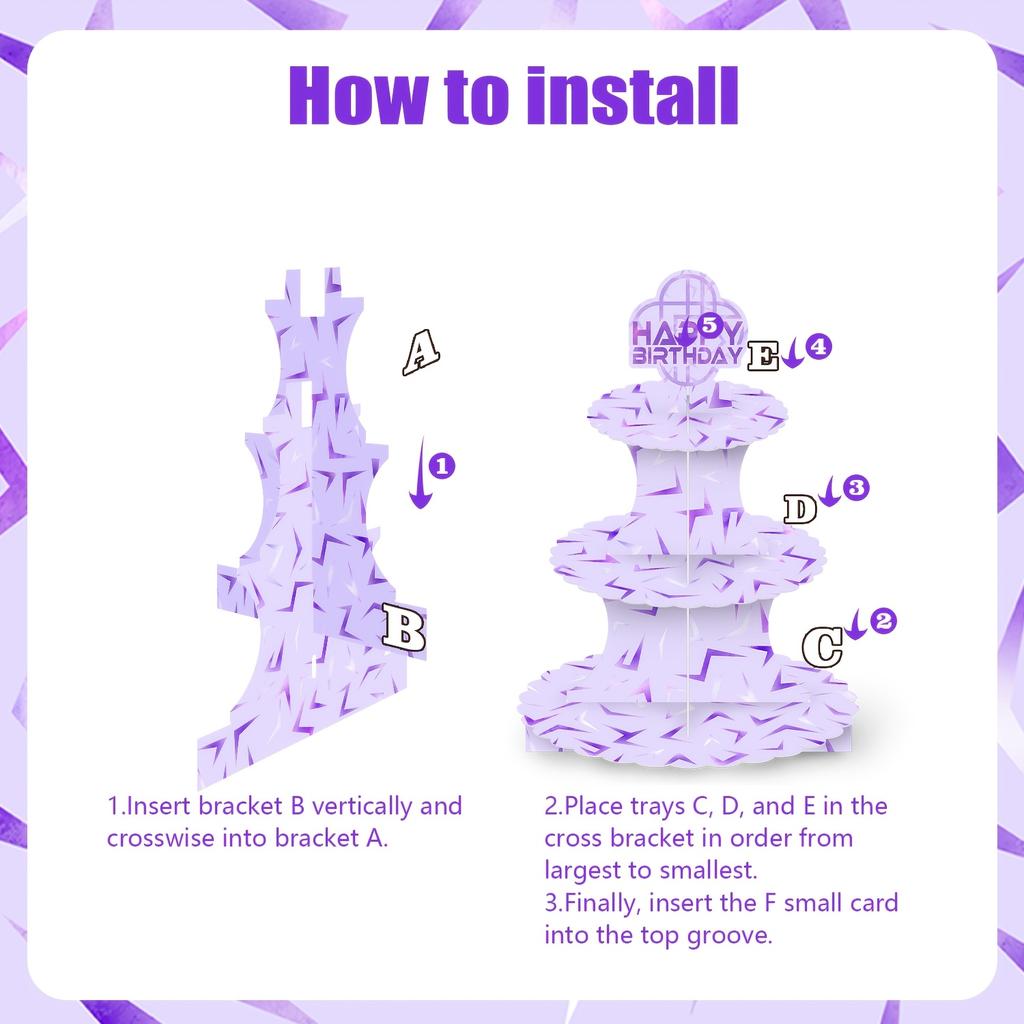 1 Set Non-food Contact 3-Tier Party Cupcake Stand Purple Lightning Design Music Themed Party Birthday Decor Festive Supplies