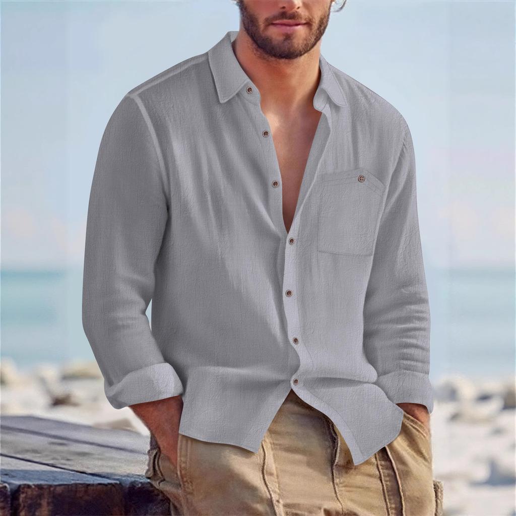 Autumn New Arrival Men's Solid-Colour Collared Cardigan Linen Loose-Fit Casual Long-Sleeved Shirt