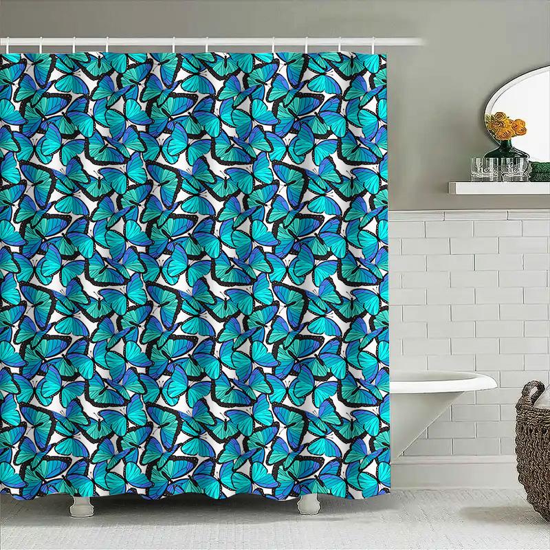 Beautiful Blue Butterfly Print Shower Curtain Waterproof Bath Rug Decoration For Home Decorative Bathroom Curtains 6 Hooks Set