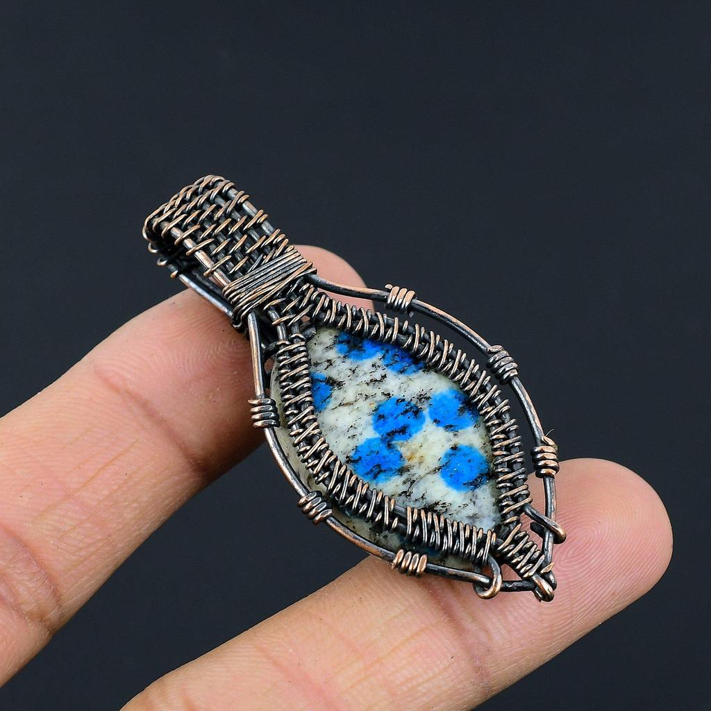 K2 Azurite Pendant, 999 Copper Wire Wrapped Gemstone Jewelry, Handmade Pendant, For Thanksgiving