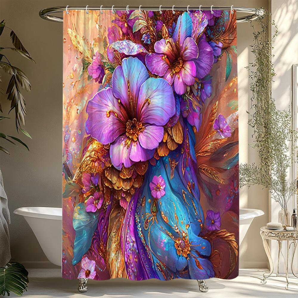 Luxurious Purple Floral Print Waterproof Shower Curtain for Bathroom, Elegant Artistic Design High-End Toilet Partition Curtain