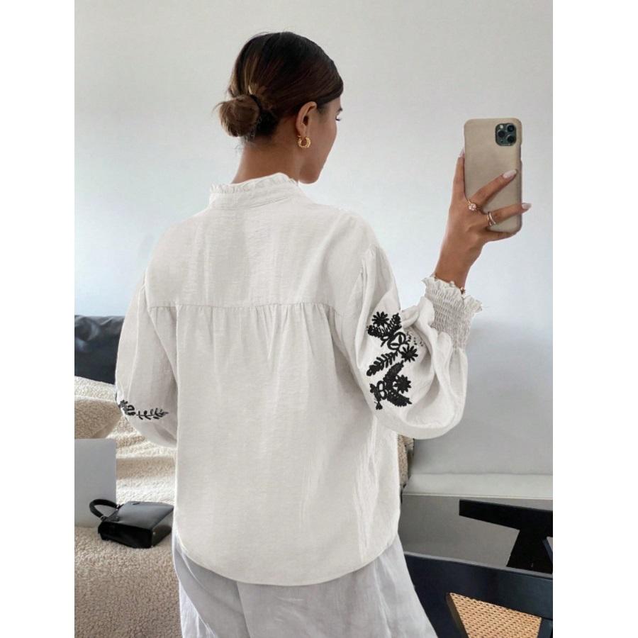 

Women Autumn Single Breasted V-neck Blouses and Shirts Ladies Casual Embroidery Long Sleeve Shirt Tops S білий