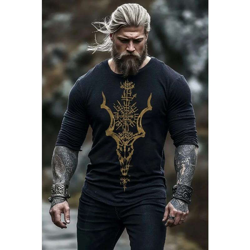 Men's Retro Viking Norse Mythology Totem 3D Printed Casual T-shirts Round Neck Fashionable Long Sleeved T-shirts