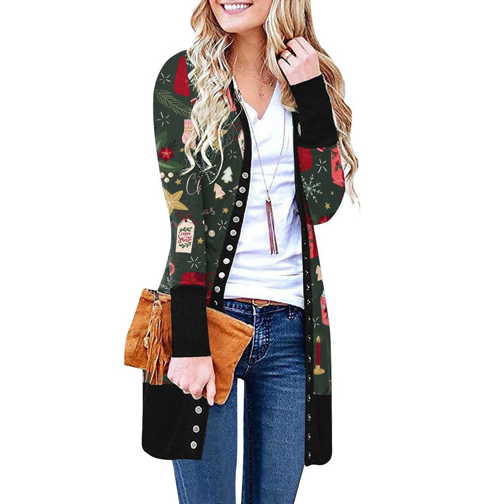 Dames Casual Lange Mouw Voorvest Gradueel Kerst Bedrukte Top Lichtgewicht Jas