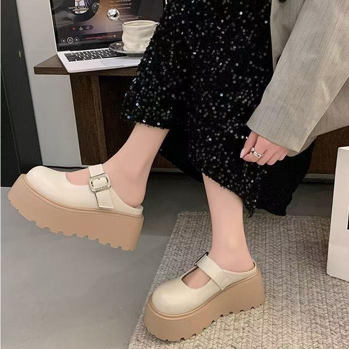 Comfortable thick bottom heightening bag head Mary Jane half slippers women's spring new casual fashion outer wear one-word drag