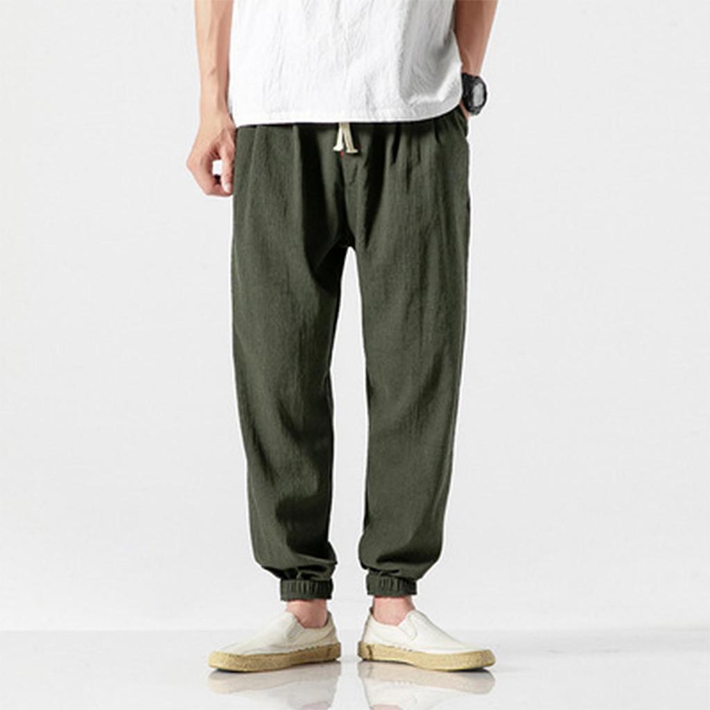 Men's Casual Slim Sports Pants Ankle-Length Linen Trousers Baggy Pants