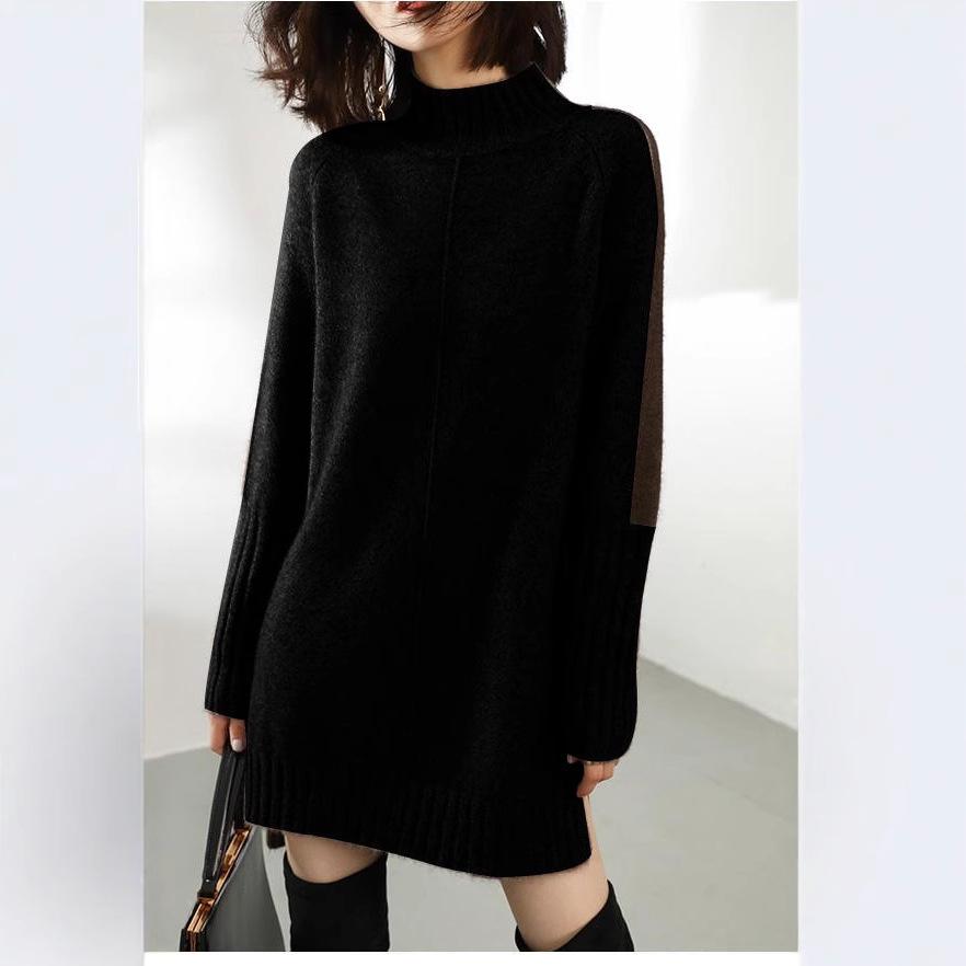 

Осенне-зимний свитер с полуворотом, женский шерстяной свитер средней длины, платье больших размеров, свободная рубашка с толстым низом XS чёрный