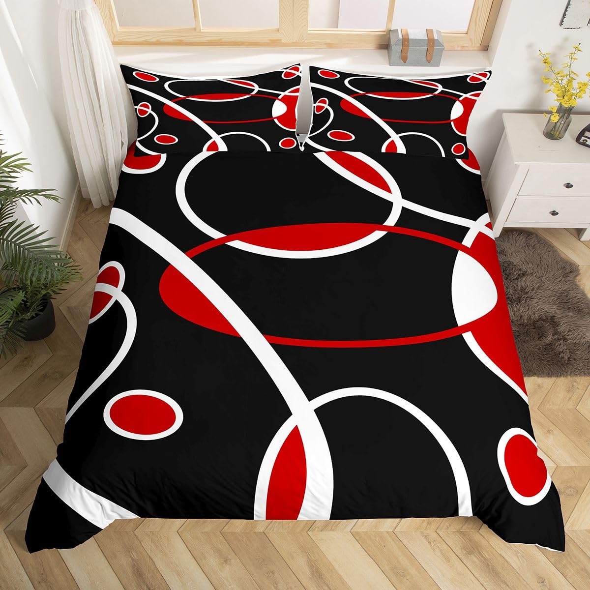 

Feelyou Kids Red and Black Bedding Set King Size Circle Duvet Cover for Boys Girls Teens Bedroom Decor Geometric Square Comforter Cover Set 155x200cm