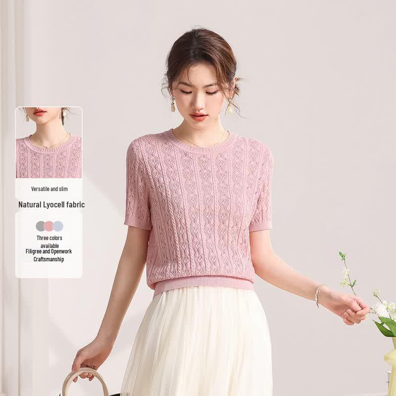Women s Lyocell Acetate Blend Round Neck Short-Sleeve Knit Top M