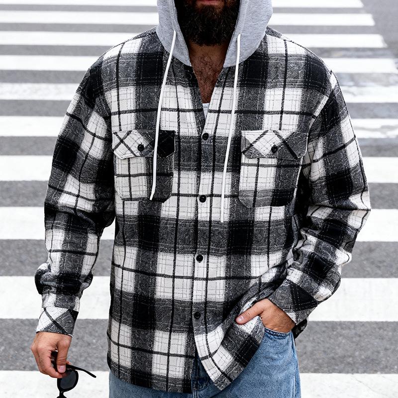 TikTok Men's Plaid Hooded Shirt Jacket - Casual Hip Hop Style for Spring & Autumn