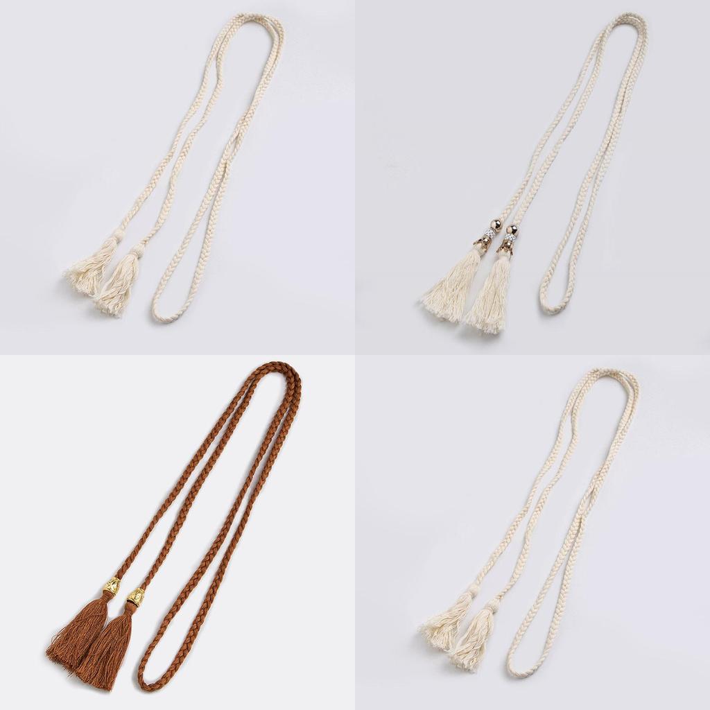Ethnic Style Cotton Linen Waist Rope With Wooden Beads And Tassels For Casual Wear