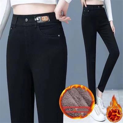 Pluszowy aksamitny podszewka Wąskie ołówkowe jeansy Zimowe Wysoki stan Eleganckie Casual Koreańskie Vintage Jeansy Odzież śnieżna Rozciągliwe Seksowne spodnie dżinsowe