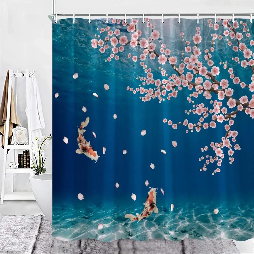 Pink Sakura Flowers Shower Curtains Japanese Cherry Blossoms Trees Floral Rustic Garden Landscape Fabric Print Bathroom Decor