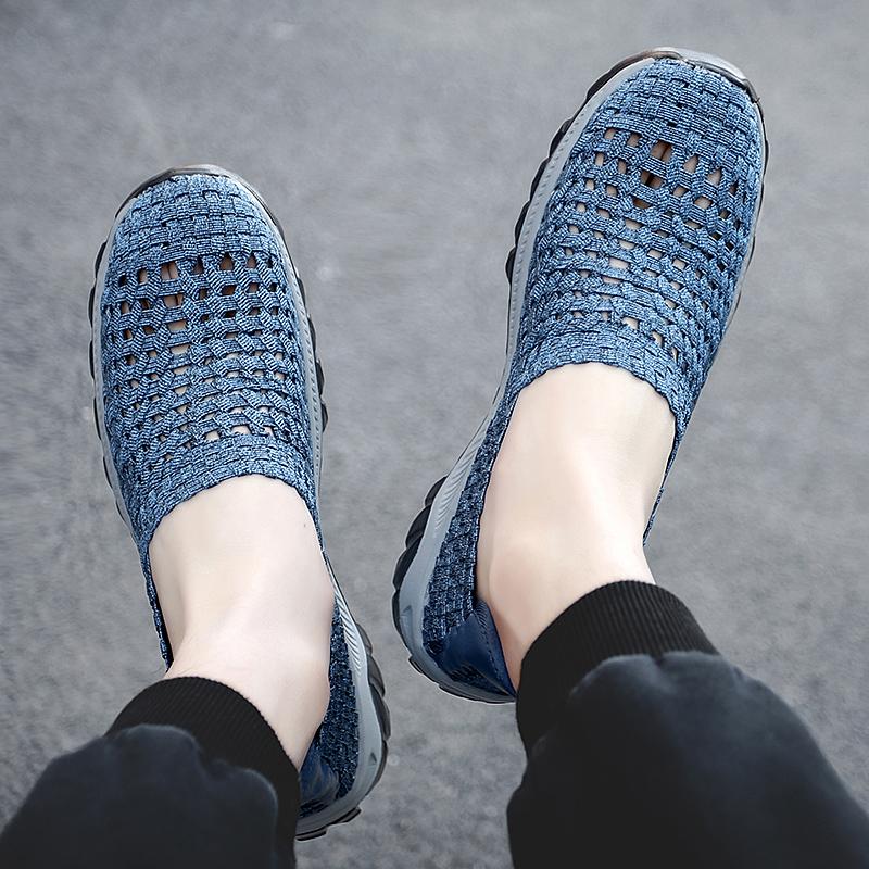 Summer Men Sneakers Braid Beach Shoes Casual Weave Blue Grey Breathable Slip on Flats Tennis Sneakers