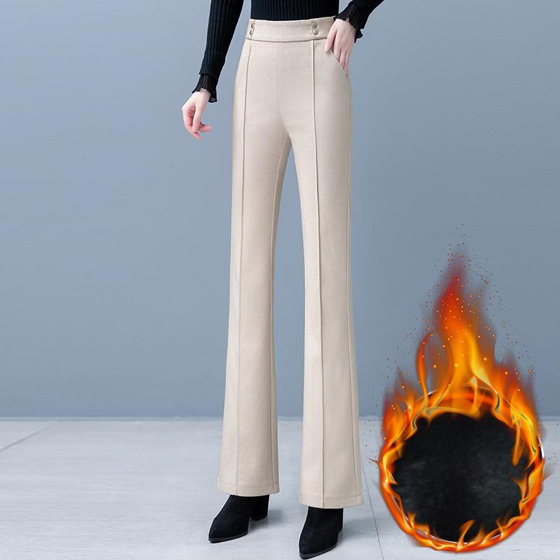 Women's High Waist Woolen Flare Pants, Fleece-lined, Slimming Casual Winter 2025 Trousers for Middle-aged Moms.
