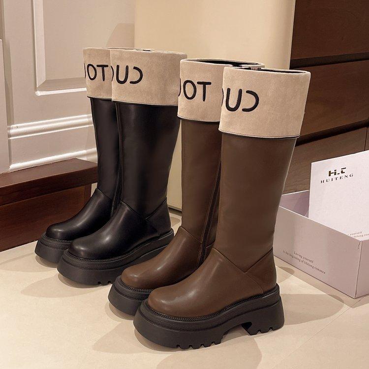 Thick-soled color-matching boots for women's 2025 autumn and winter new Xiaoxiangfeng tall knight boots, small but knee boots