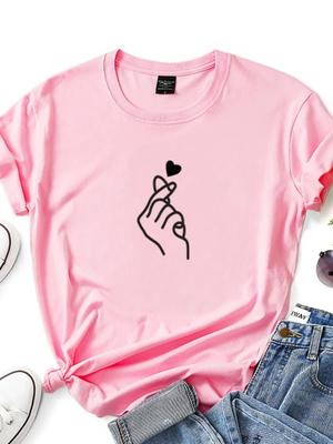 6 Farben Fingerherz-Aufdruck T-Shirt Damen Kurzarm O-Ausschnitt Lockeres T-Shirt Sommer Damen T-Shirt Tops Kleidung Camisetas Mujer