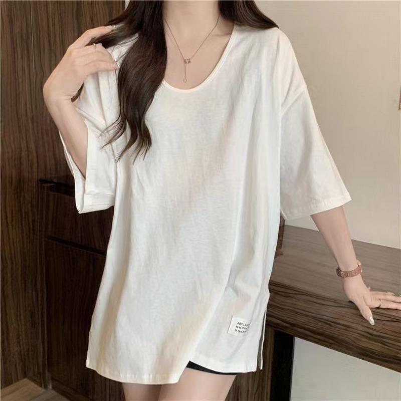 Cotton Short Sleeve Casual Loose T-shirt for Women Summer Fashion Solid Round Neck Plus Size T Shirt Woman Elegant Slim Simple Female Tee Tops 26294