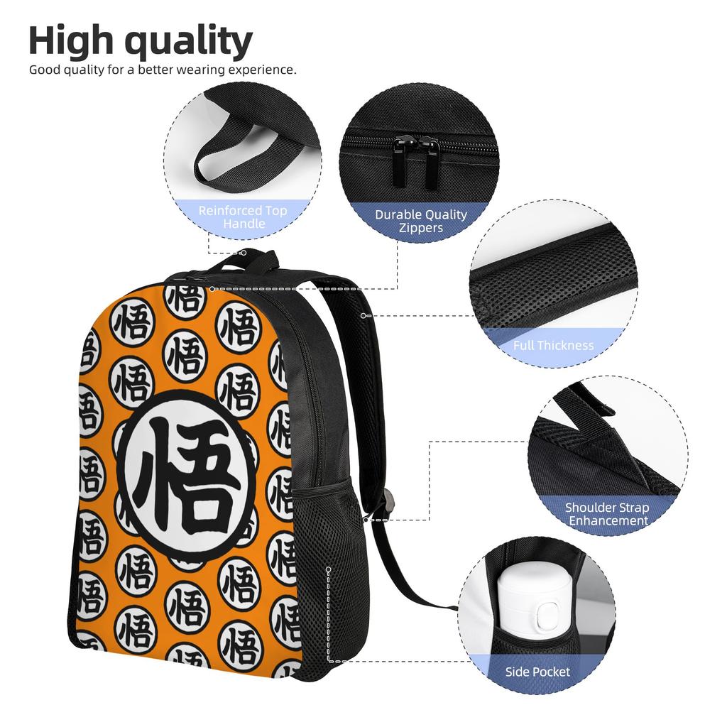 Goku Kanji Rucksack für Herren Damen Mode Student Tagesrucksack Master Roshi Kame Sennin Dragon Ball Laptop Computer Canvas Taschen