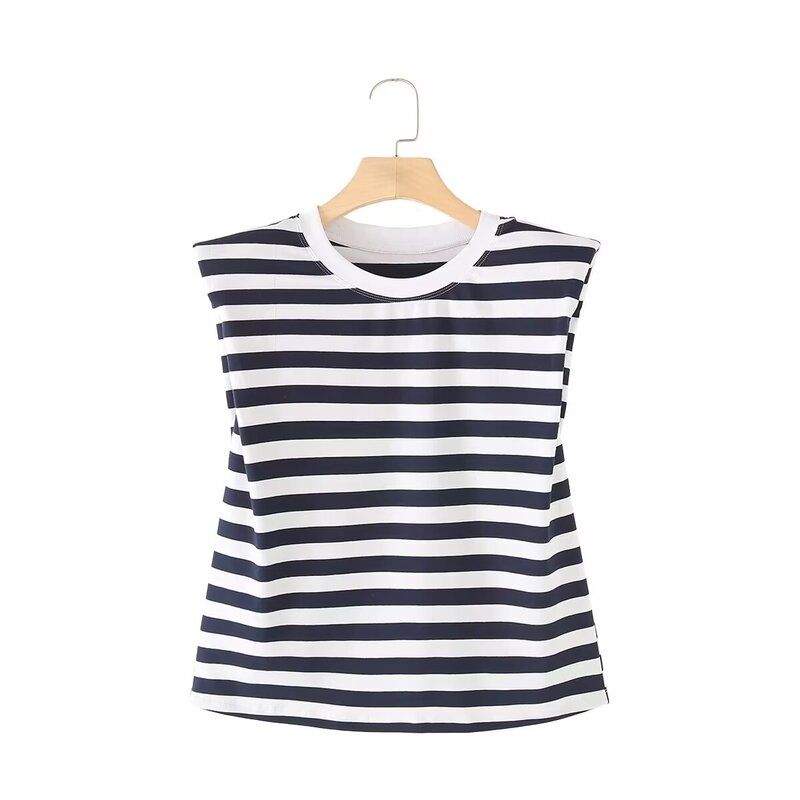 Fashion Style 2024 Summer New Women's Clothing Casual Easiest for Match Padded Shoulder Decoration Stripes T-shirt 0858030104