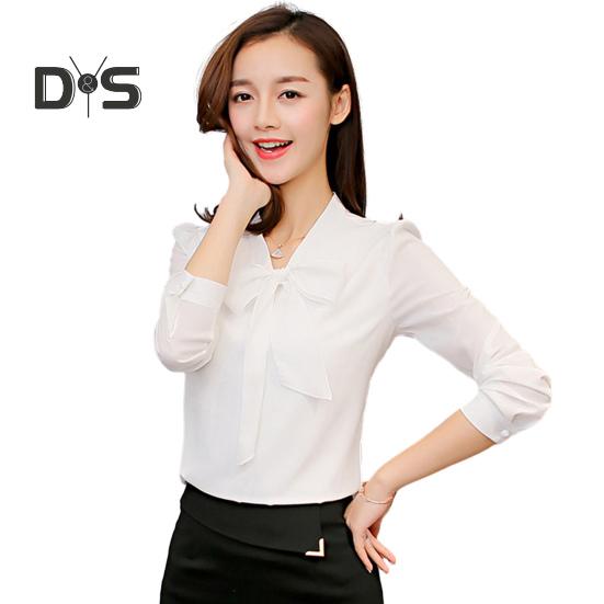 Spring Summer Women Bowknot Lace Up Collar Shirt Tops Long Sleeve Solid Color Casual Chiffon Blouse Workwear