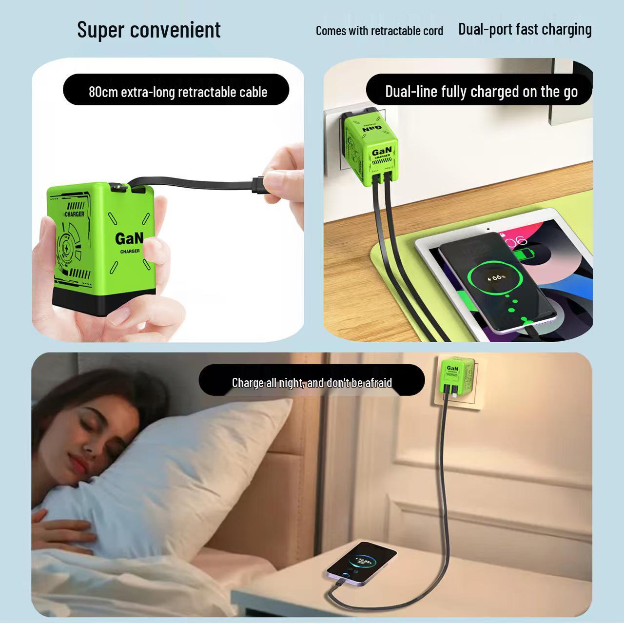 

120W GaN Foldable Charger with Retractable Cable, PD Fast Charging, US/EU Plug Portable US Plug