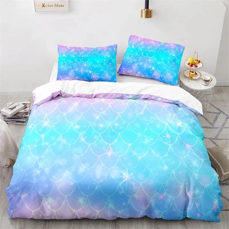 Colorful Fish Scales Bedding Set Twin King For Boys Girl Blue Pink Mermaid Skin Surface Print Duvet Cover Polyester Quilt Cover