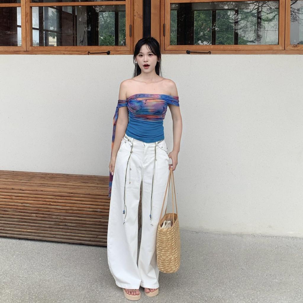 Holiday style smudging gradual change tube top one-word shoulder streamer design feeling waist thin off-the-shoulder sleeveless bottoming shirt