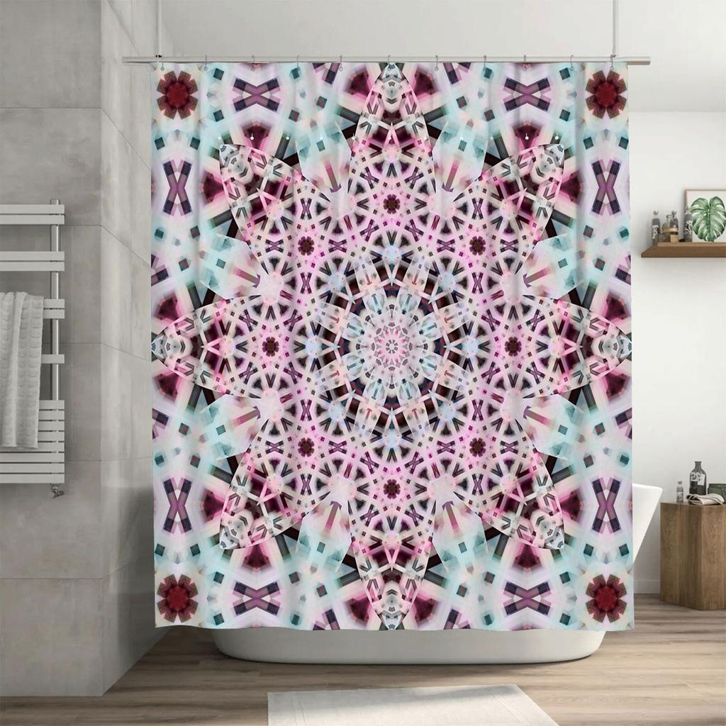 Colorful Pattern Shower Curtain Boho Style Bath Decoration for Home Pink and Blue Floral Design with Tassels