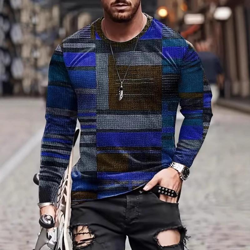Men's Spring Summer Long Sleeve T-Shirt Green Geometric Patchwork Print Casual Streetwear