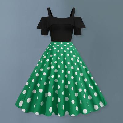 Frauen Retro Sling Off-Schulter Midi Kleid Rüschen Hülse Dot Print Patchwork Urlaub Kleid Hohe Taille A-Line Party Kleid