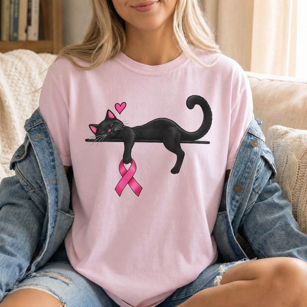 Pink Ribbon Cat Breast Cancer Awareness Men Women Kids T-Shirt
