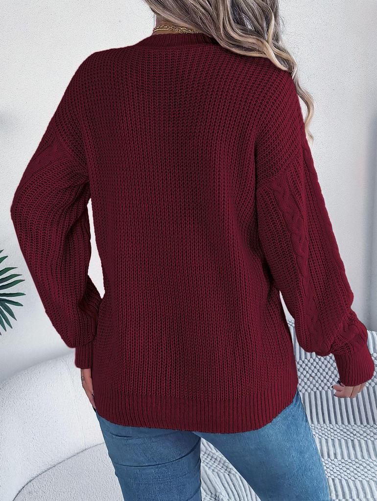 2025 Autumn/Winter V-neck Lantern Sleeve Cable Knit Button Cardigan Sweater for Women