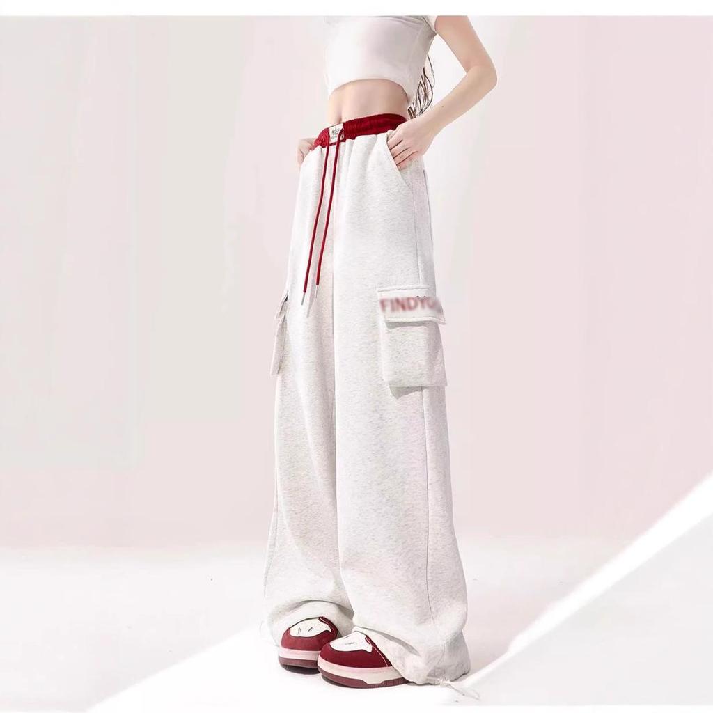 Women's Wide-Leg Cargo Jazz Sweatpants with Pockets - White & Gray, Autumn 2025