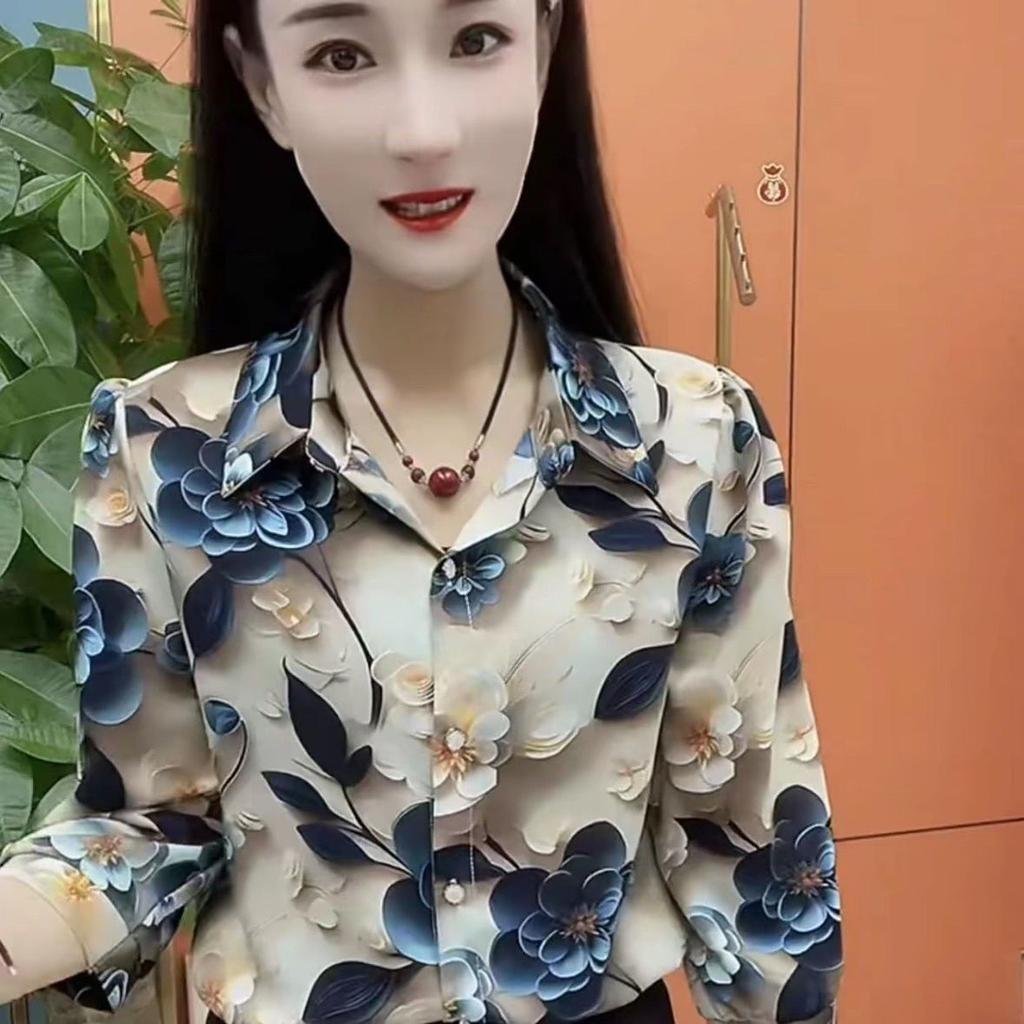 Spring Autumn Long Sleeve Button Up Cardigan Women's Clothing Turn-down Collar Casual Plant&Flowers Printing Shirt Elegant Tops