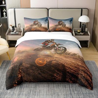 Modern Style Motorcycle Rider Print Double Size Bedding Ses with Pillow Cases 75*50cm, Microfiber Duvet Cover Set with Zipper