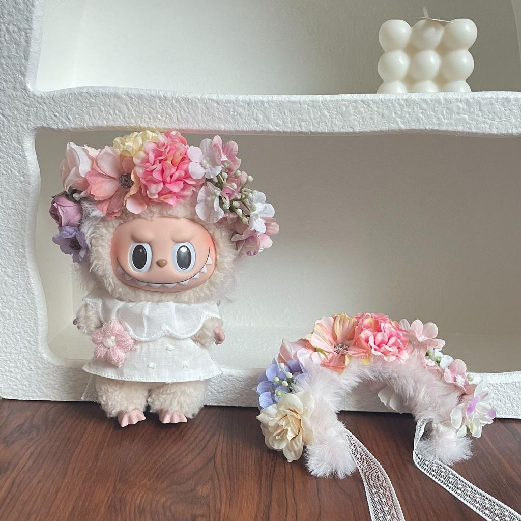 Clothes and Headband For Labubu Flower Crown White Dress Set Floral Outfit For 15/17cm Labubu 1st/2nd/3rd Gen(NO DOLL)