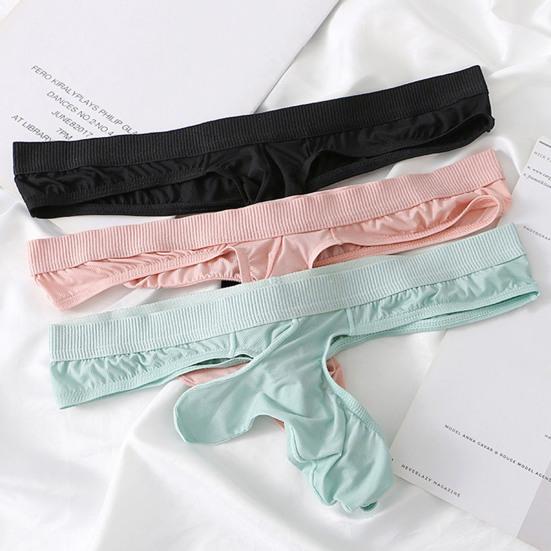 Men Thong Low-rise Elastic Waist Ice Silk Fabric Elephant Nose Design Solid Color Briefs Breathable Underwear