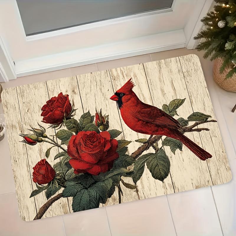 1pc Flannel Mat, Cardinal Bird Red Rose Wood Grain Print, Entrance Hall Bedroom Bathroom Non-Slip Mat