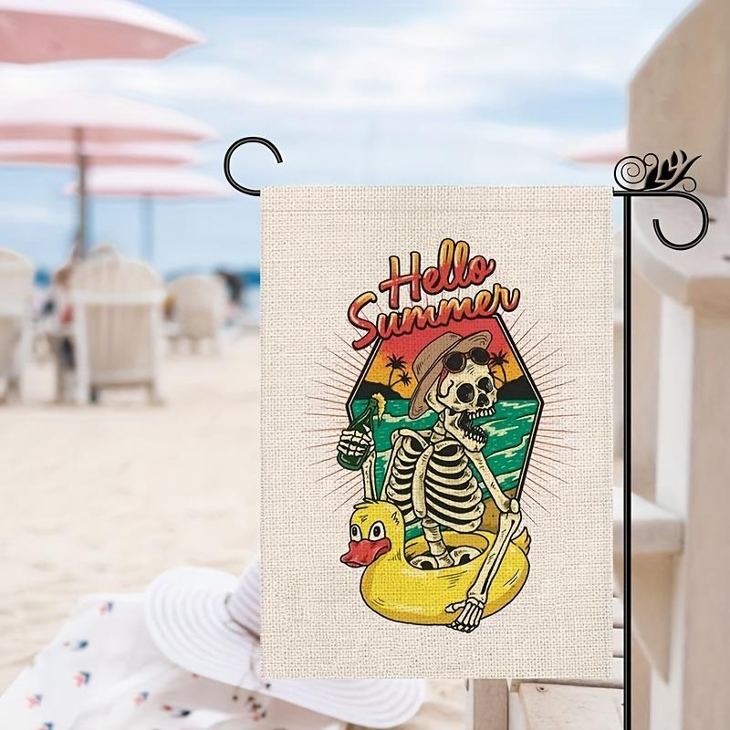 1 pz Bandiera da Giardino Estiva Segnali Piscina Teschio Scheletro Decorazioni Piscina Esterno Festa in Spiaggia Verticale Bifacciale Segno da Giardino 12,5 x 18 Pollici