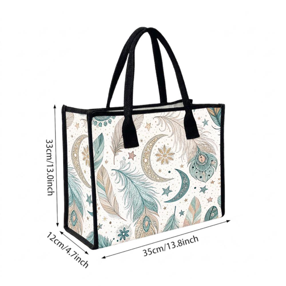 Boho Moon Feather Printed Tote Bag Fashion Casual Portable Daily Carry All Handbag for Women