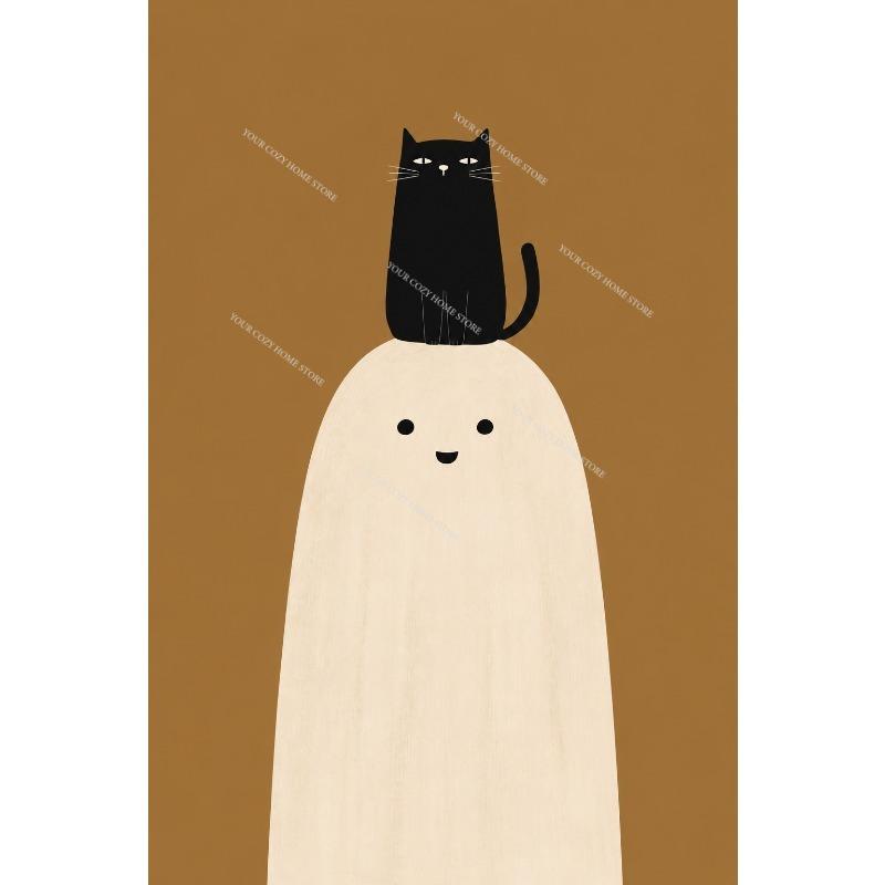 Cute Ghost Black Cat Canvas Gallery Wall Prints Halloween Floral Bat Wall Art Soft Pastel Fall Farmhouse Holiday Home Decor Gift