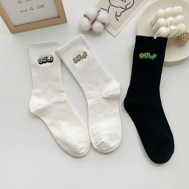 Golf Letter Embroidered Cotton Socks Black And White Wind Street Men And Women Couples Medium Stockings Sports Socks Tide