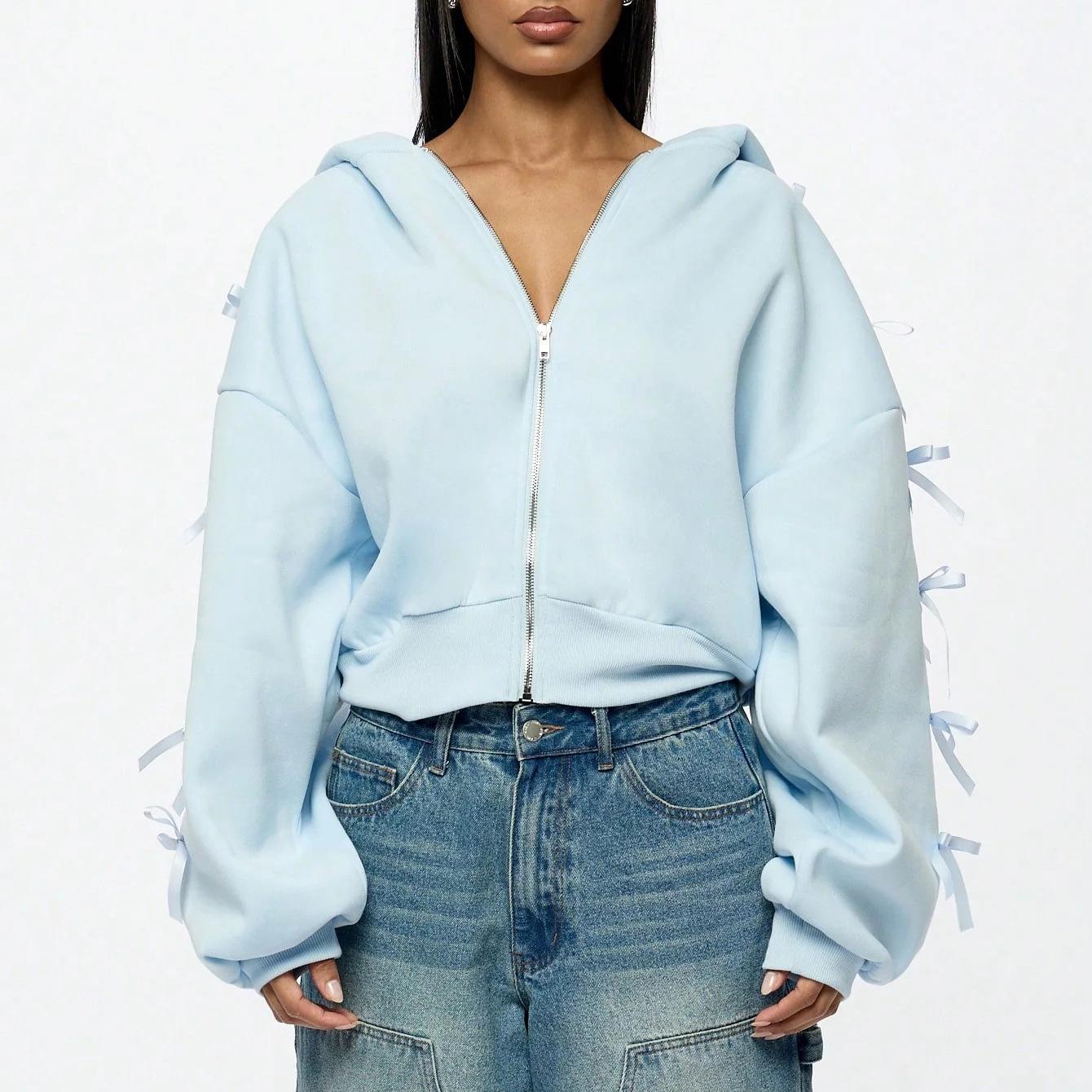 

Дизайн Шляпа Вышивка Боковой Бант Свитер Куртка Универсальный Свободный Однотонный Короткий Топ на Молнии Женская Одежда L светло-синий